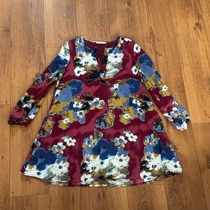 Floral Burgundy Swing Dress with Blue & Mustard Accents